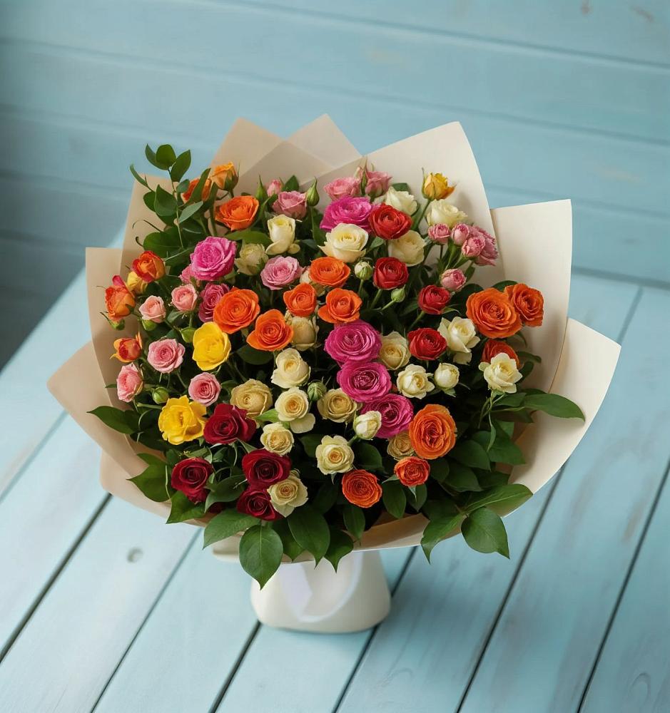 Букет Микс из разноцветных кустовых роз в Орджоникидзевском