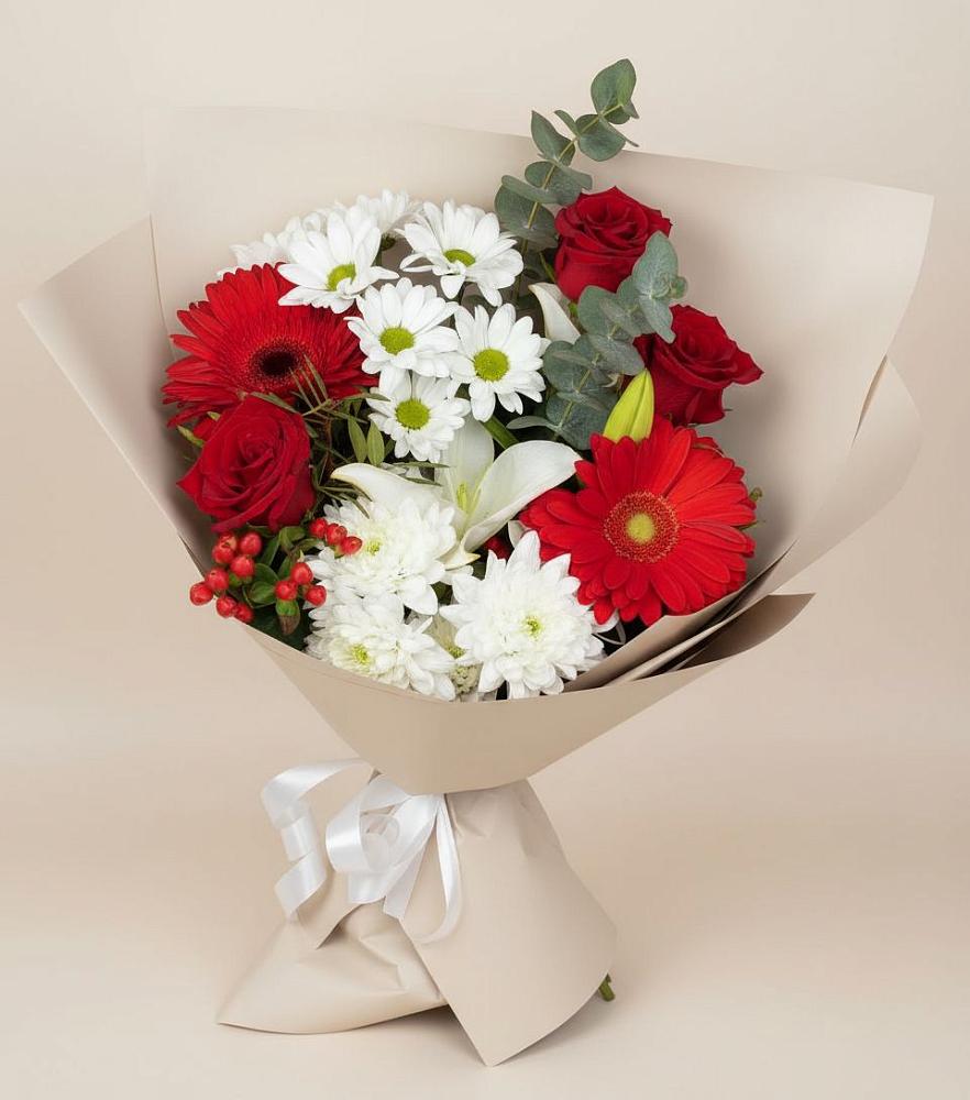 Букет цветов из: Розы, Хризантемы, Герберы и Лилии в Орджоникидзевском